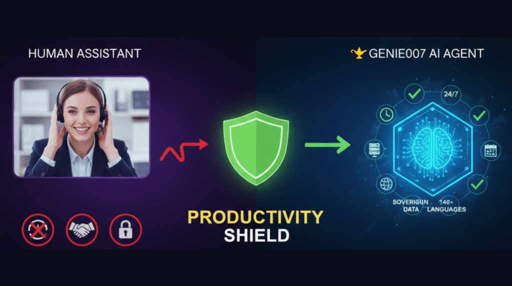 ai agents - A comparison chart showing the differences between a Human Assistant and the Genie 007 AI Agent. The human side shows an 8-hour workday limit and language barriers, while the Genie 007 side highlights 24/7 availability, 140+ language support, and secure local browser processing.