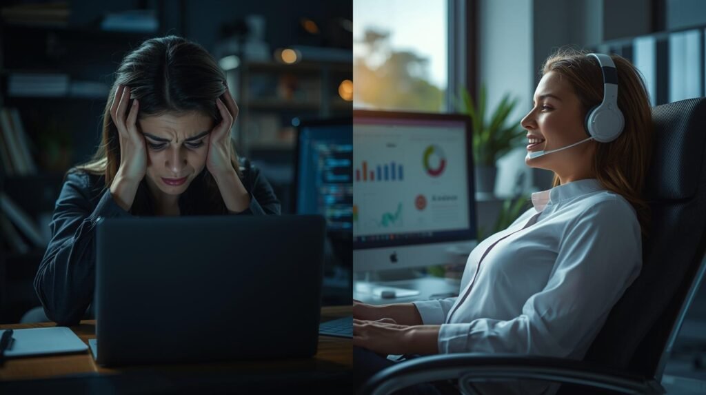 Comparison of manual coding stress versus productive AI-assisted development using Genie 007 voice-to-action technology.