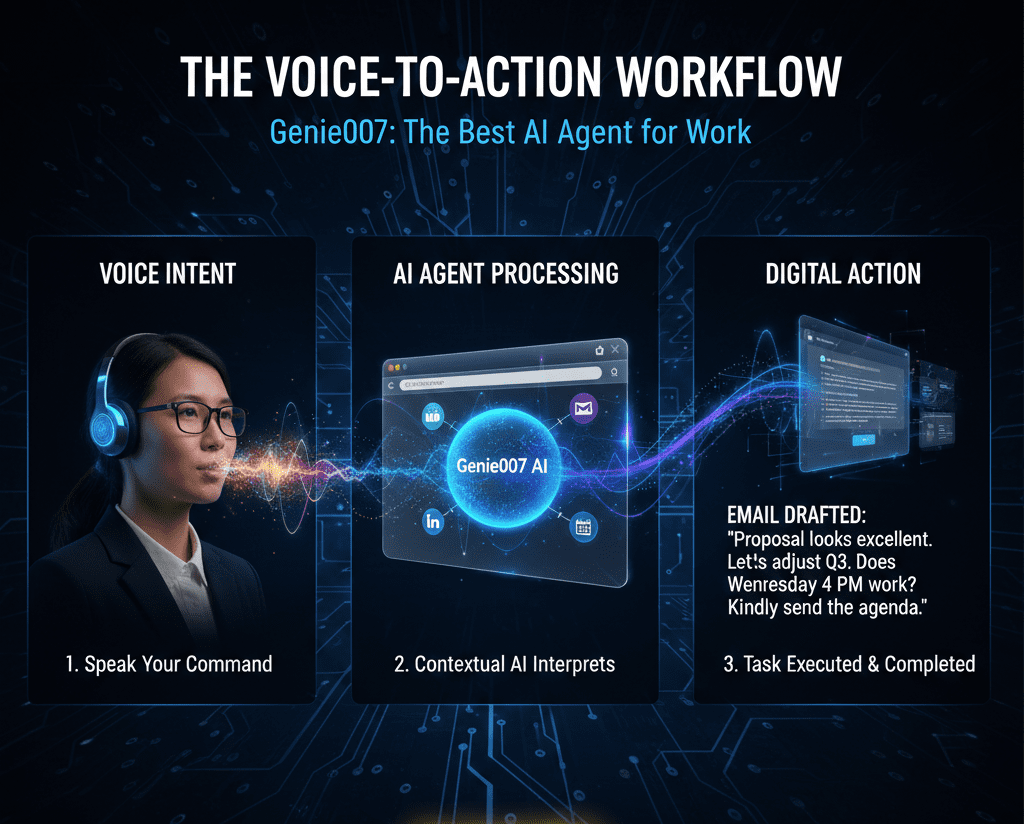 A flowchart showing how the best AI agent for work processes voice commands in a browser.