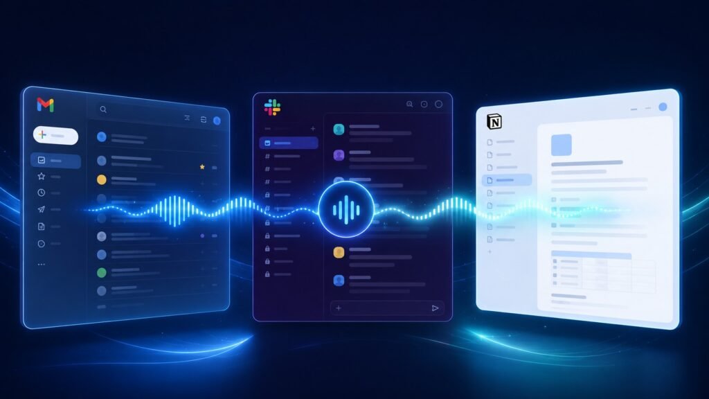 Three glowing app interfaces for Gmail, Slack and Notion connected by AI voice waveform — Genie 007
