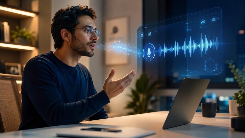 Professional speaking to a glowing AI voice interface — replacing keyboard with voice using Genie 007