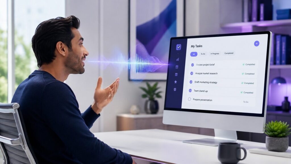 Person talking to computer with voice waves — talk to your computer and get things done with Genie 007