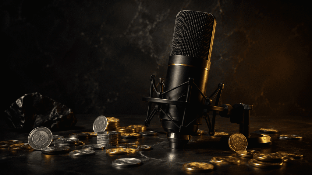 Best cheap dictation software — professional microphone with golden coins showing affordable voice typing options under £10 per month