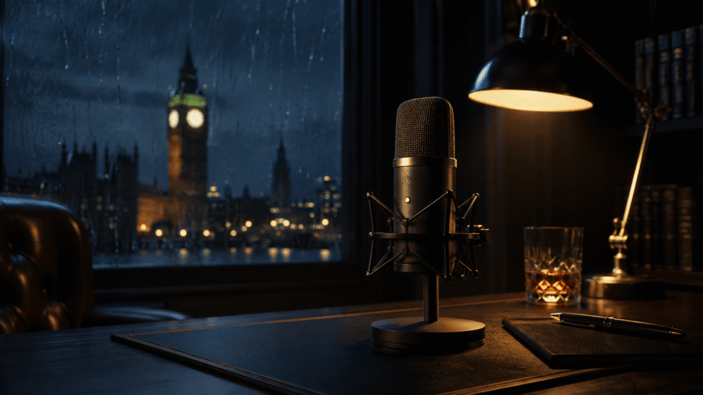 Best dictation software UK — microphone with Big Ben and rainy London night scene showing British voice typing and GDPR compliance