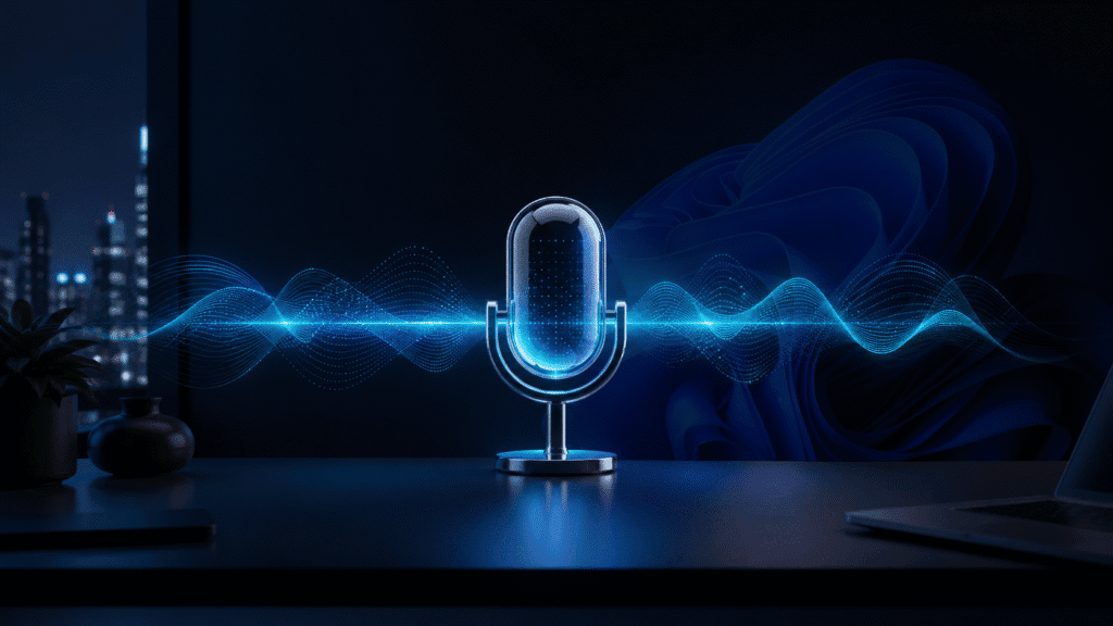 Free speech to text Windows 11 — Voice Typing toolbar and Voice Access feature illustrated on a dark premium desktop
