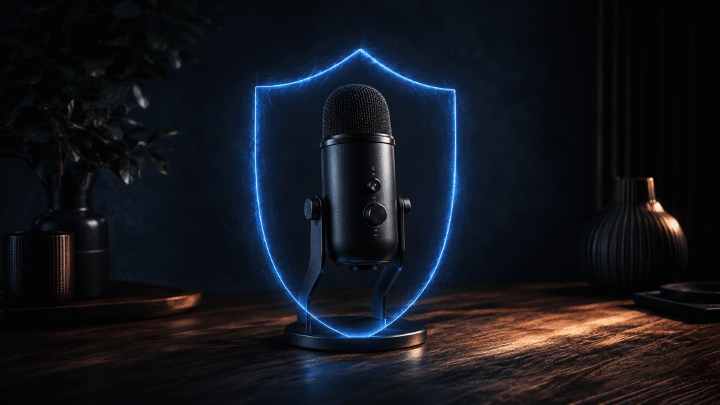 Best offline dictation software — microphone with blue privacy shield showing voice typing without cloud connection
