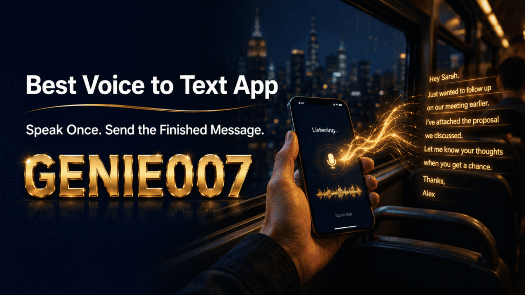 Best voice to text app for mobile 2026 — Genie 007 banner with smartphone and gold voice waveform