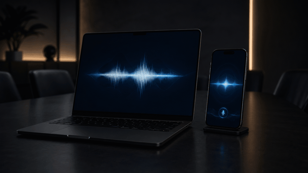 dictate meeting notes – laptop and phone on dark conference table with voice soundwave