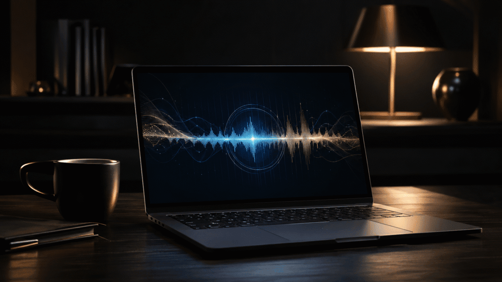 dictation software for Chromebook – dark desk with open laptop showing voice soundwave on screen