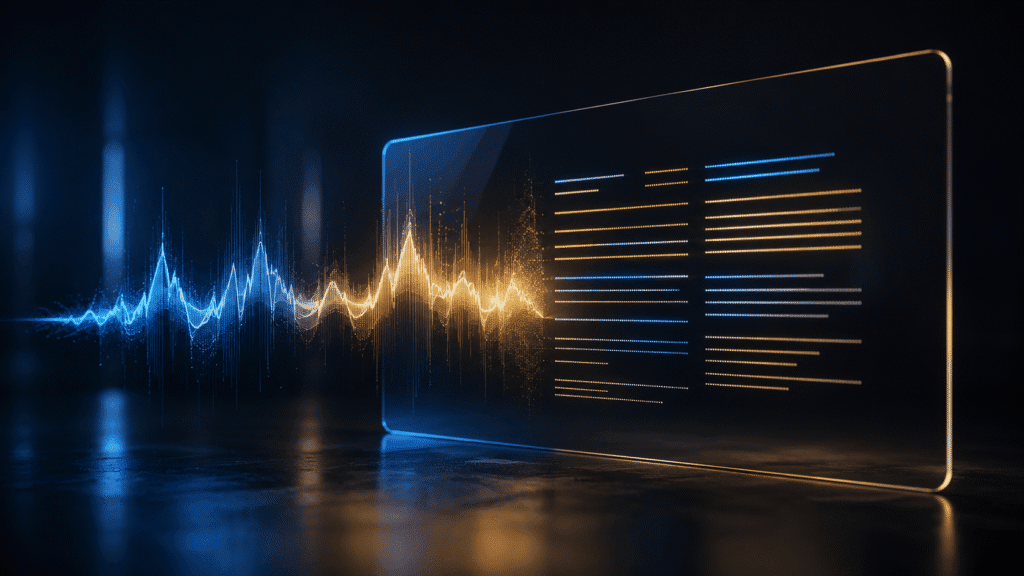 dictation software for Chromebook – abstract voice soundwave morphing into text on dark glass panel