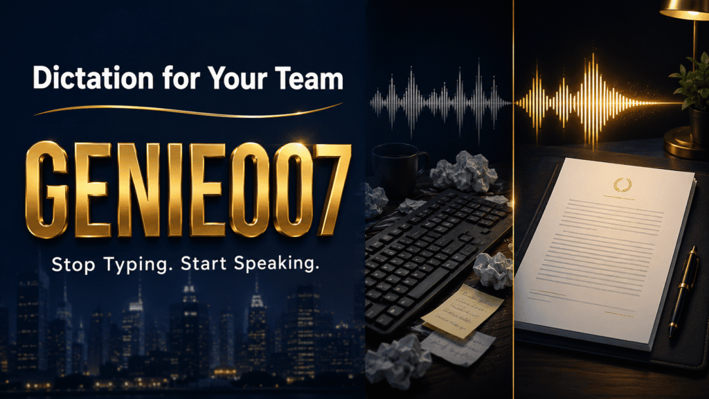 Dictation software for small business — dark premium desk setup with professional microphone and laptop