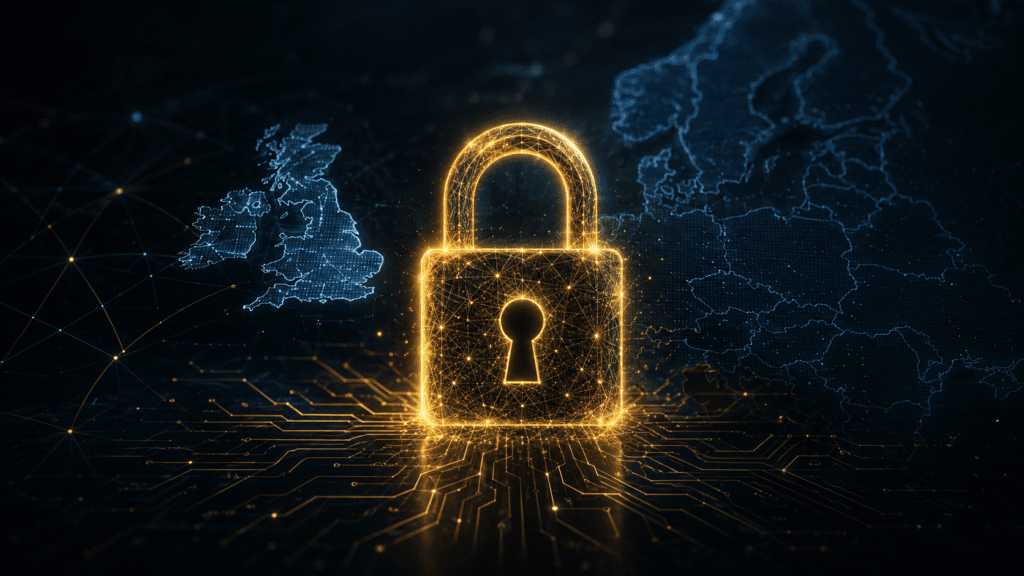 GDPR compliant dictation software — padlock with EU and UK map showing data privacy compliance