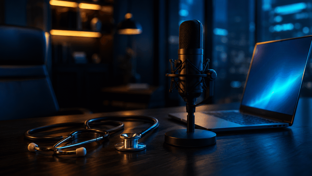 HIPAA compliant dictation software — secure medical office setup with microphone and encrypted laptop