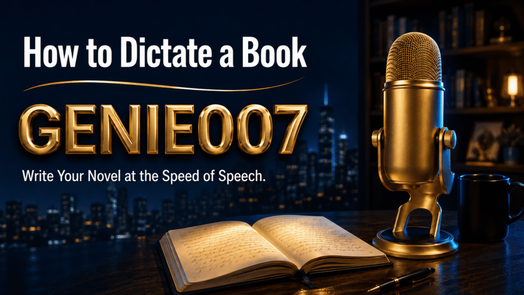 How to dictate a book using Genie007 voice AI — microphone and notebook on dark desk