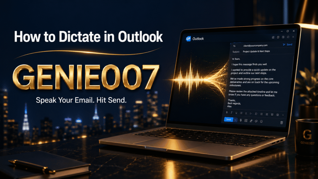 How to dictate in Outlook shown on a laptop screen with a glowing voice waveform