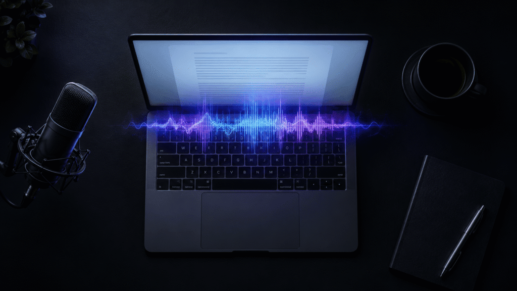How to dictate in Word — laptop with audio waveform showing Microsoft Word voice typing top-down view