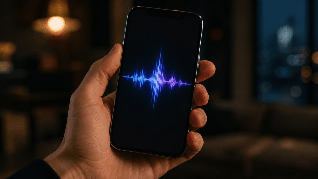 how to dictate on iPhone – hand holding iPhone with glowing voice soundwave on screen in dark ambient setting