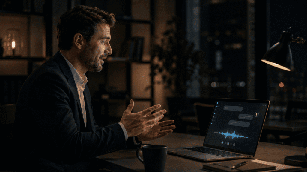 how to dictate to Claude AI – professional speaking to laptop with AI voice interface on screen