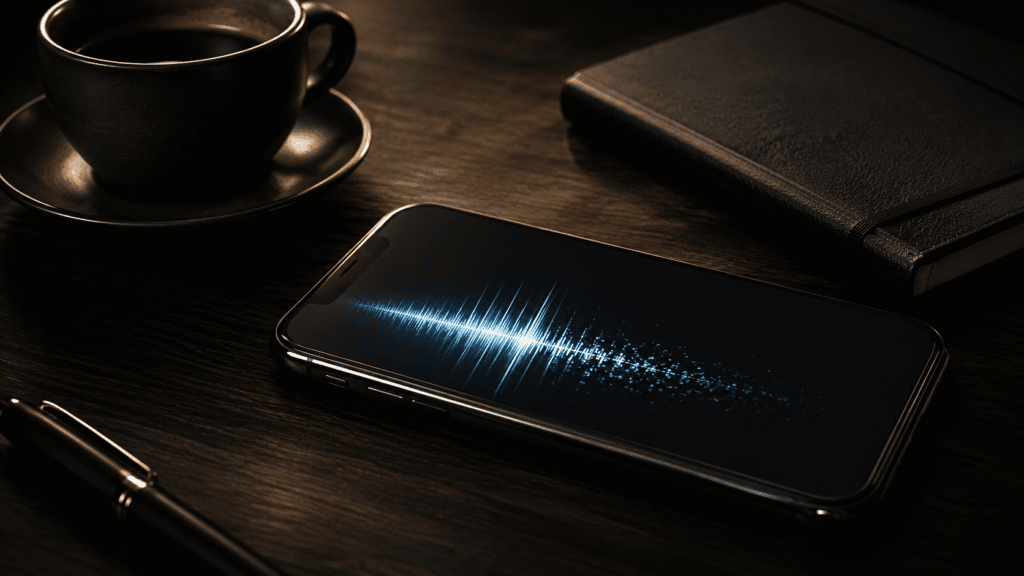iPhone dictation not working – iPhone on dark desk with interrupted soundwave