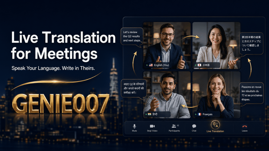 Live translation for meetings on Zoom and Teams — Genie 007 banner showing multilingual speech bubbles