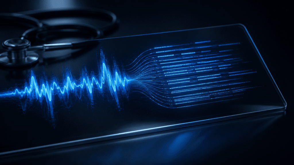 medical dictation software – glowing blue soundwave transforming into structured text on dark glass surface with stethoscope