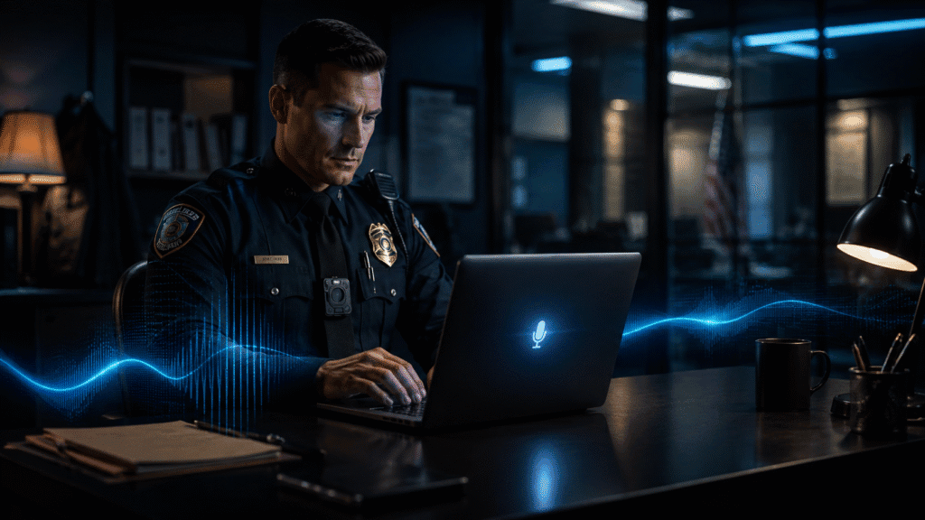 police report writing software – officer at dark police station desk with voice dictation soundwave