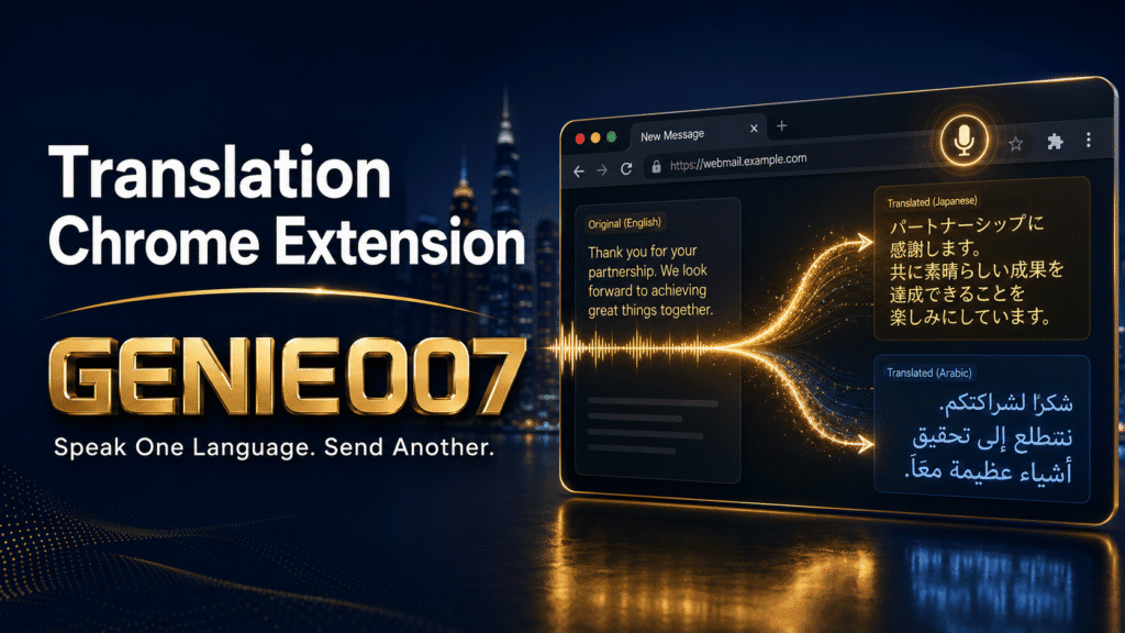 Genie 007 real-time translation Chrome extension banner — speak one language, send another in 140+ languages