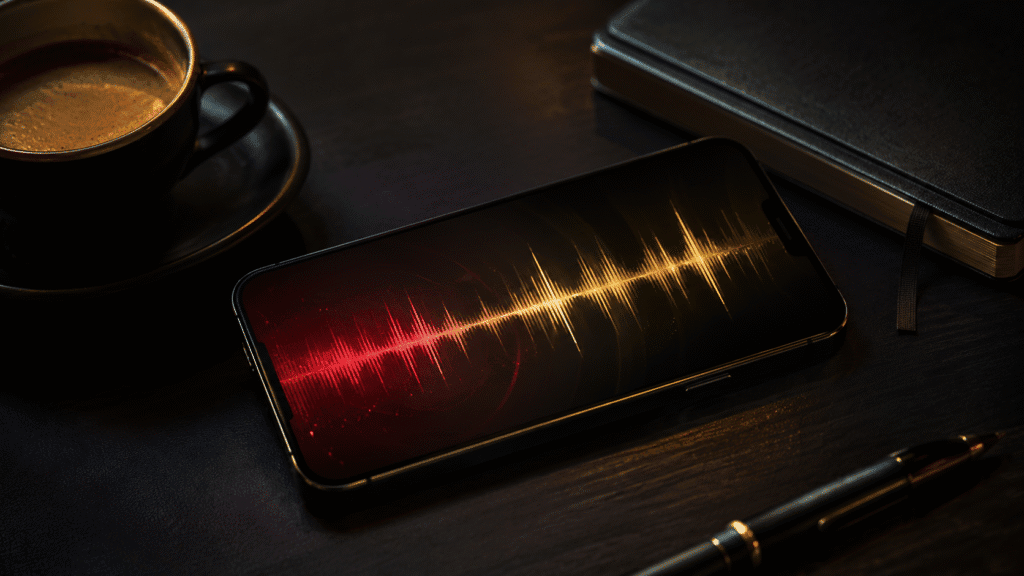 speak English write Spanish – smartphone on dark desk with red and gold voice soundwave on screen, coffee cup and notebook