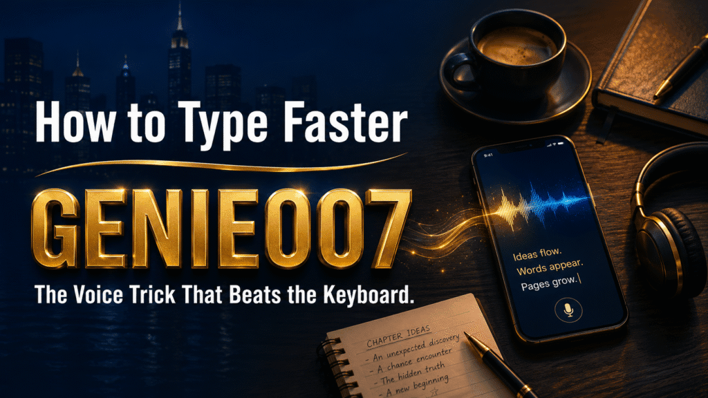 How to type faster without typing — Genie007 voice AI on phone with desk setup including coffee, notebook and headphones