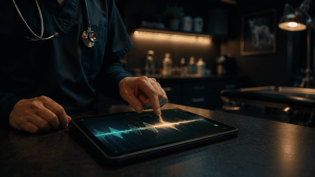 veterinary dictation software – vet hands on tablet with glowing soundwave in dark clinical setting