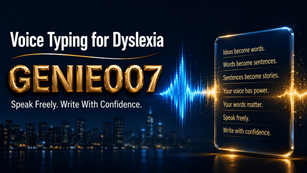 Voice typing for dyslexia with Genie007 — soundwave transforming into text on dark glass card