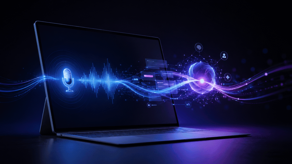 windows speech recognition removed - laptop with voice waveform