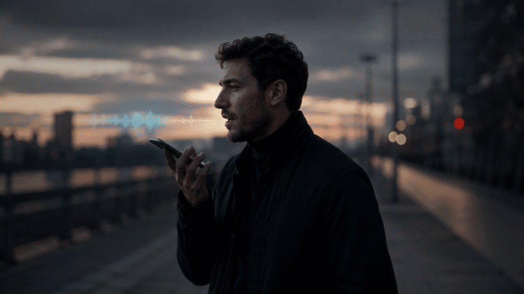 Write while walking — person dictating into smartphone on a dark urban path at dusk