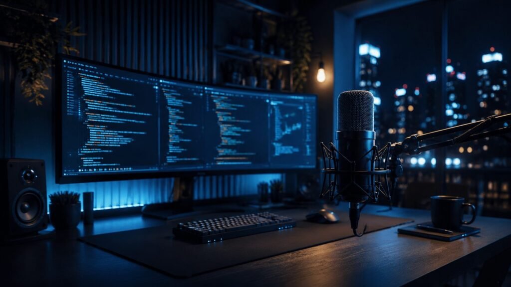 Voice dictation for Windsurf — developer microphone in foreground with dark AI code editor on screen