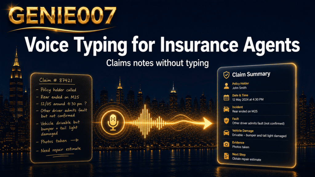 Voice typing for insurance agents — claims notes without typing with Genie 007
