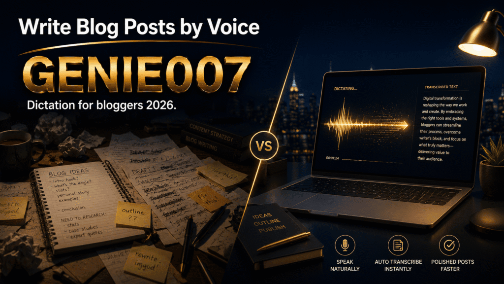 Write blog posts by voice using Genie 007 AI voice assistant