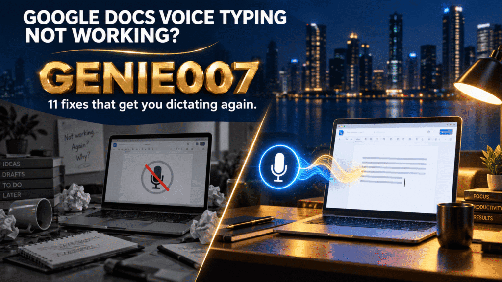 Google Docs voice typing not working - 11 fixes banner showing broken mic vs working Genie 007 soundwave