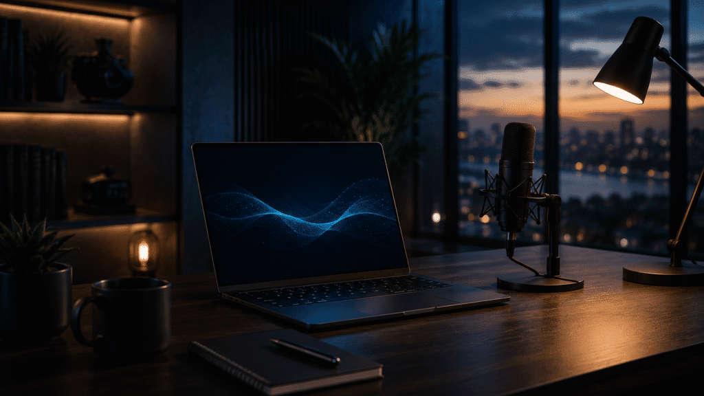 Voice Typing for Virtual Assistants voice typing for virtual assistants setup with professional microphone and laptop on a dark desk