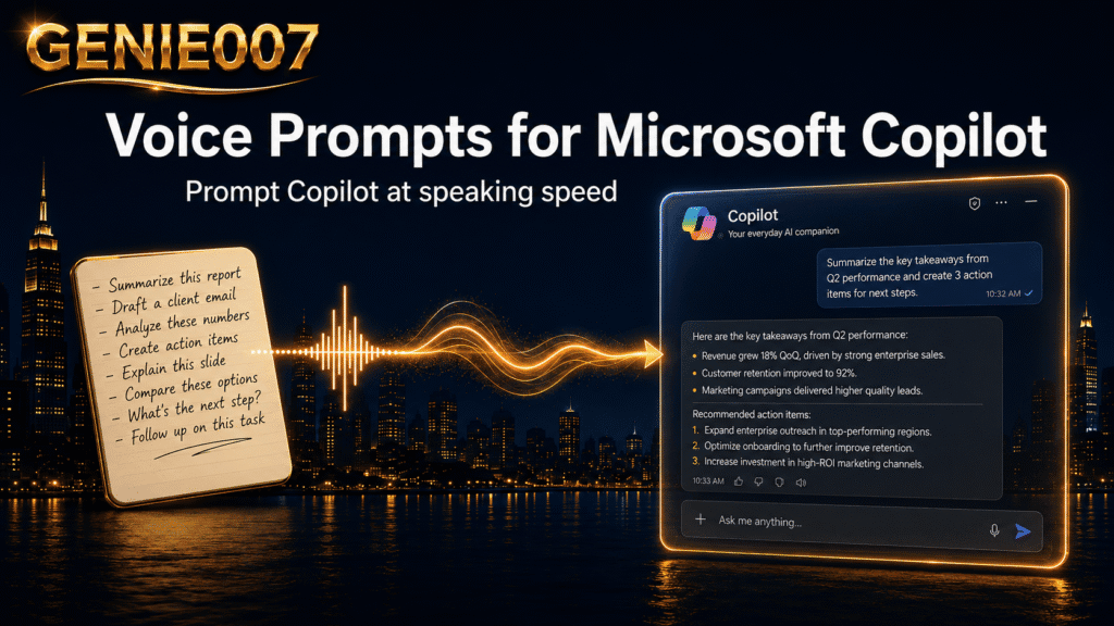 Copilot Dictation: Voice Prompts for Microsoft Copilot (2026) Voice prompts for Microsoft Copilot — prompt Copilot at speaking speed with Genie 007
