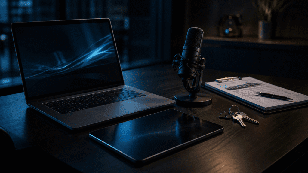Voice typing for property managers — laptop and microphone on a dark professional desk beside property keys