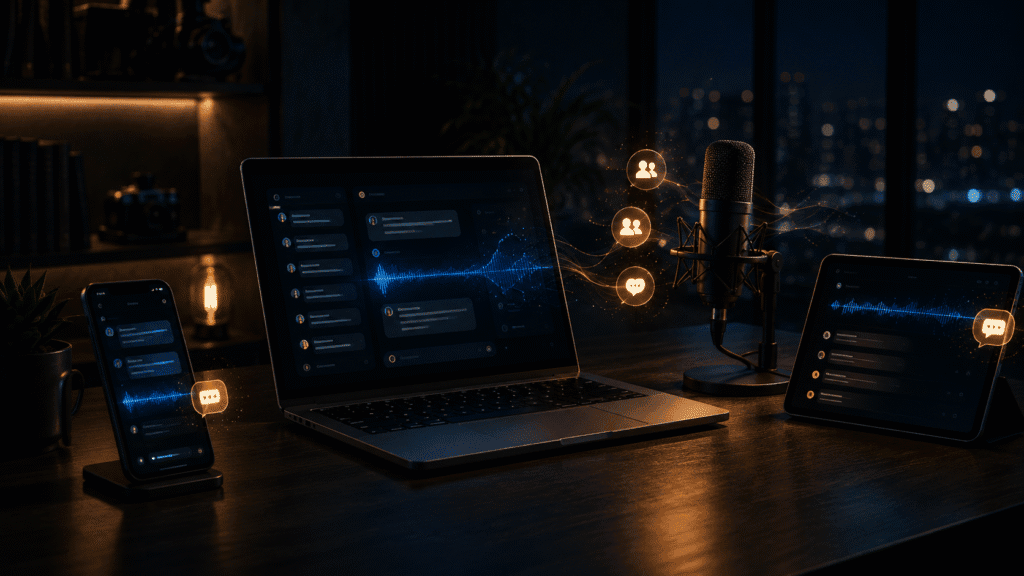 Voice typing for community managers — dark desk with glowing screens showing chat interfaces and voice waveforms