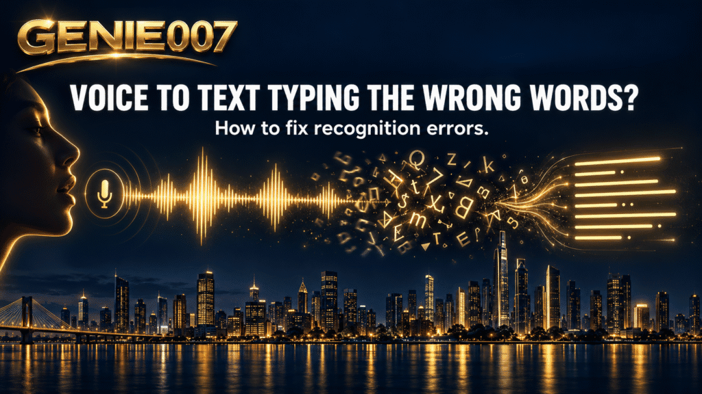 Genie 007 banner about voice to text wrong words, with a gold soundwave turning jumbled letters into clear text