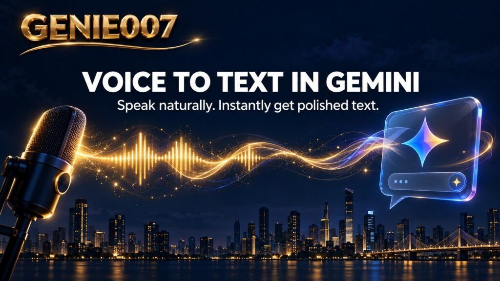 Voice to text Google Gemini guide banner showing Genie 007 dictation flowing into a Gemini chat interface