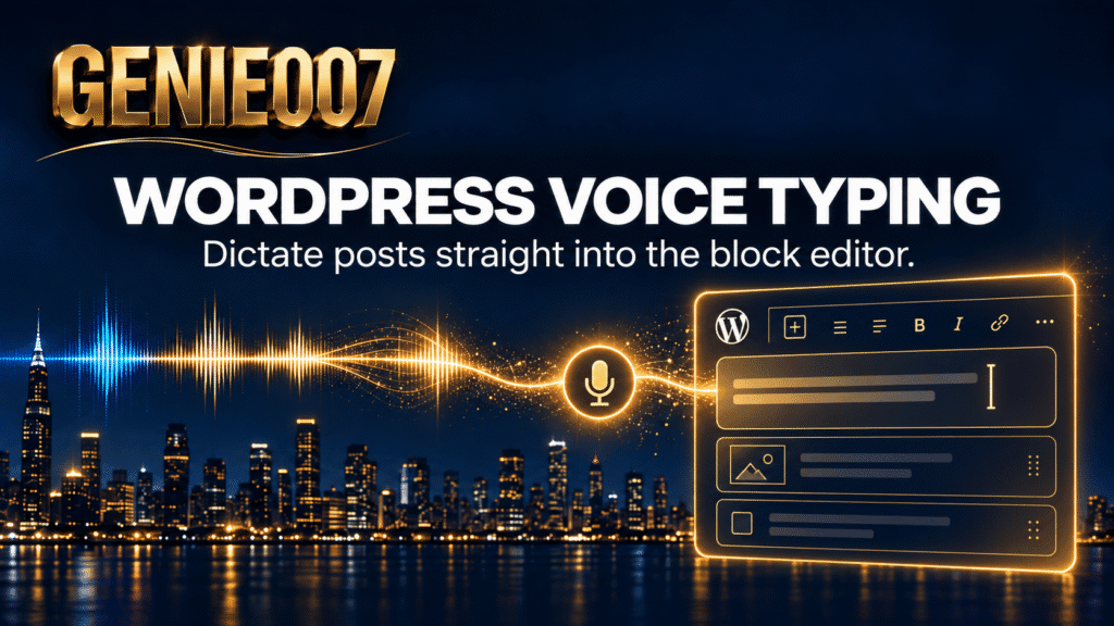 WordPress voice typing shown as a gold soundwave flowing into a WordPress block editor interface