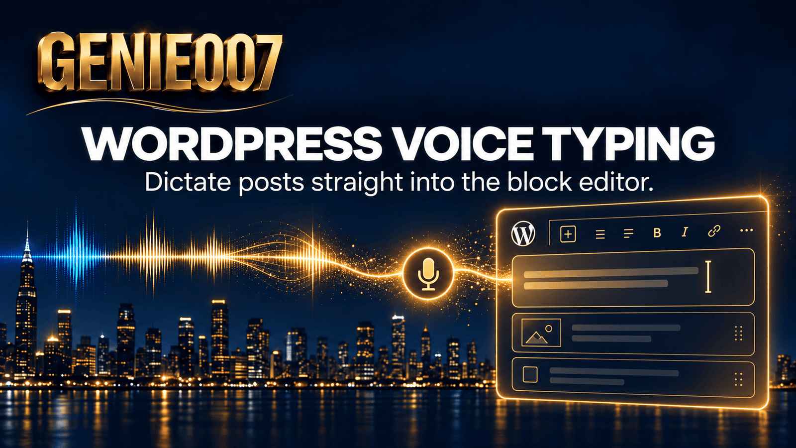 WordPress voice typing shown as a gold soundwave flowing into a WordPress block editor interface